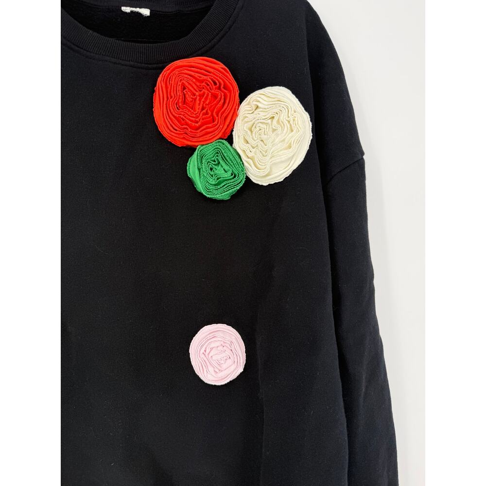 Kule Pauline Flower Sweatshirt Crew Neck Rosette Black Red Green Pink Large XL - Picture 6 of 9